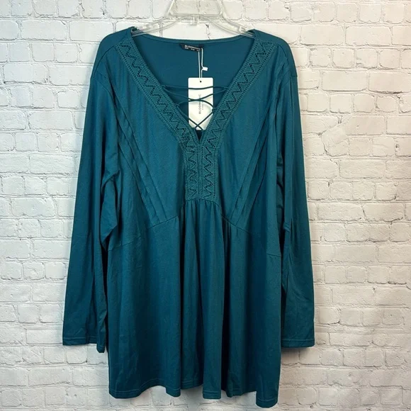 BloomChic Teal Lace Pleated Crisscross T-Shirt Top Plus Size 5X - Picture 2 of 7